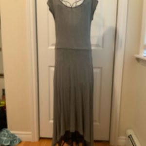 Grey maxi dress with low cut back is a perfect summer dress.
